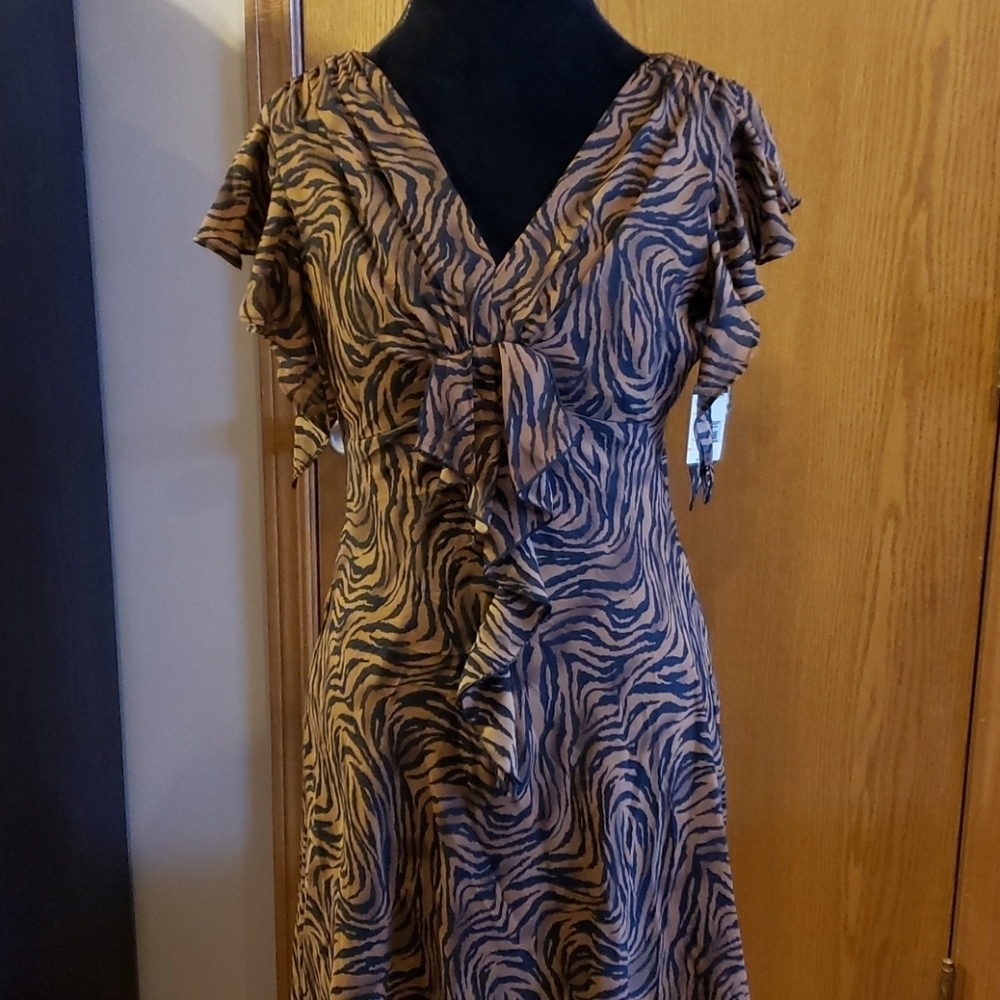 Metaphor ruffle animal print dress tan black nwt